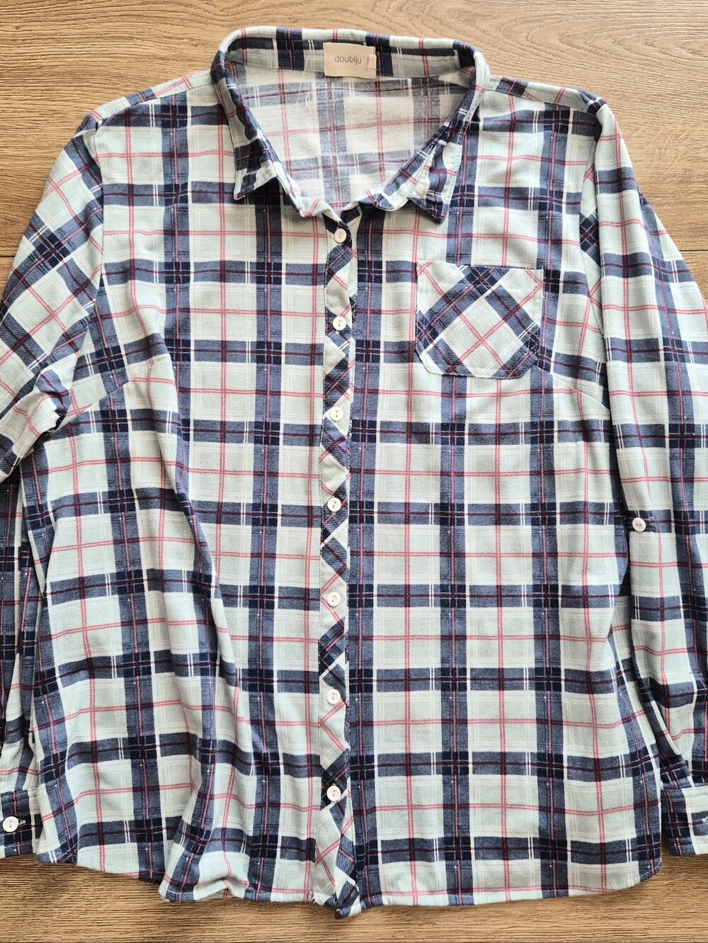 Doublju Plaid Button Down Shirt 3XL Blue Navy Pink Roll Tab Sleeve Flannel Blous